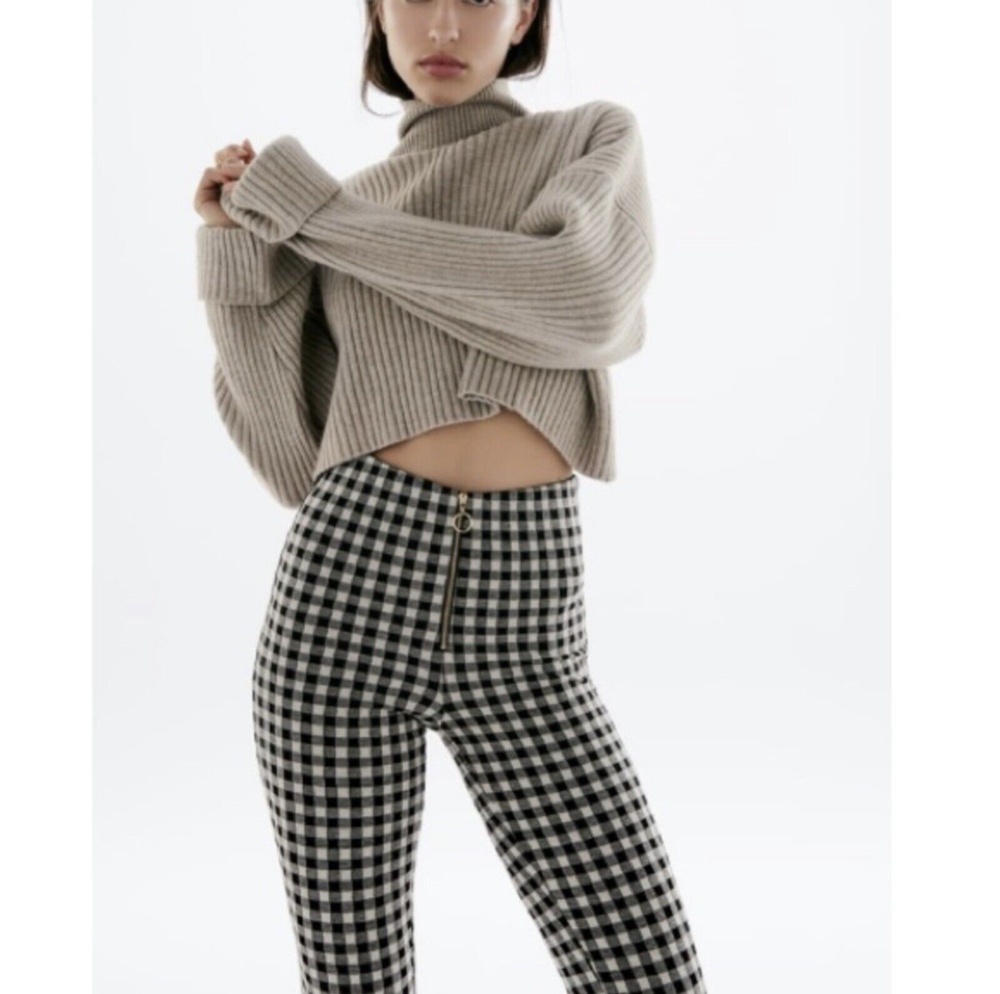 Zara Gingham Skinny Leg Zip Front Legging Pants Black White S